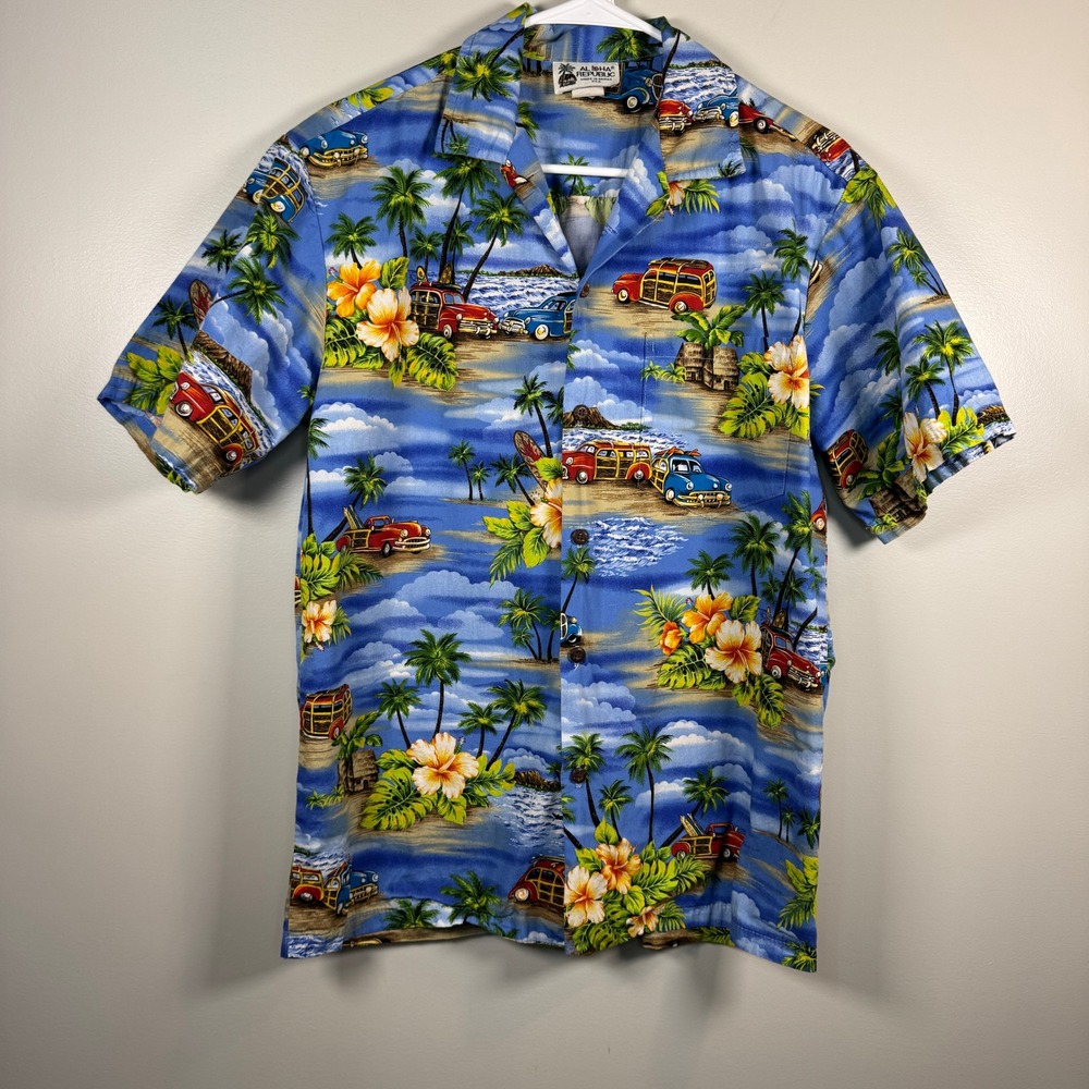 VTG Aloha Republic Hawaiian Shirt Mens M Woody Car Blue Button Down USA Made‎